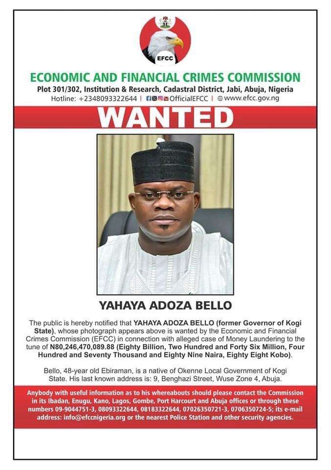 BREAKING: EFCC declares Yahaya Bello wanted
