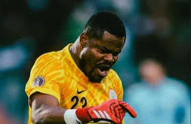 Nigeria’s goalkeeper Stanley Nwabali leaps to save a penalty during the AFCON 2025 third-place match against Egypt, securing the bronze medal for the Super Eagles.
