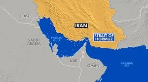 Map showing the Strait of Hormuz between Iran and Oman, a key global oil shipping route