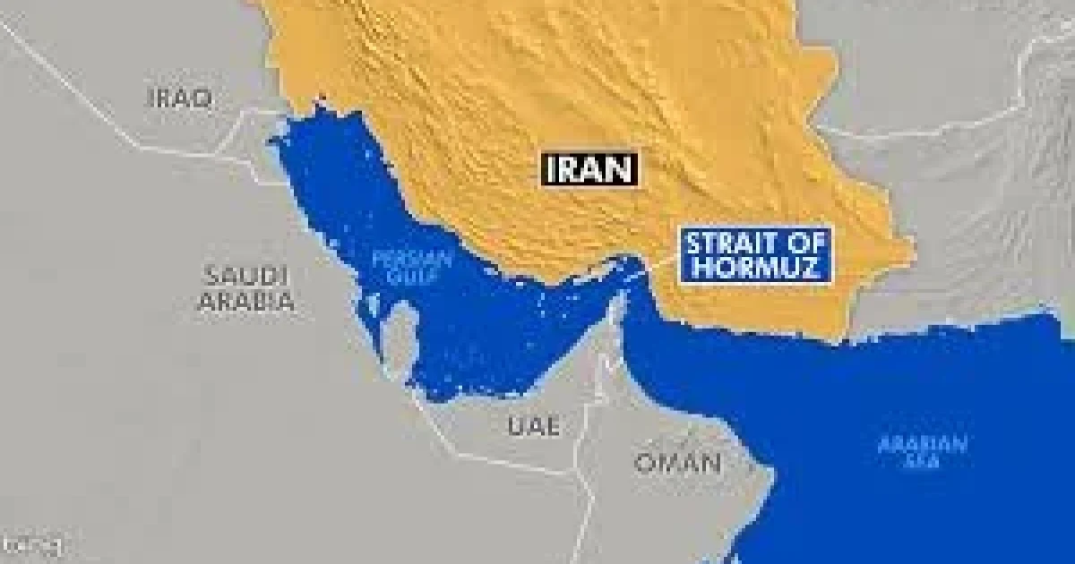 Map showing the Strait of Hormuz between Iran and Oman, a key global oil shipping route
