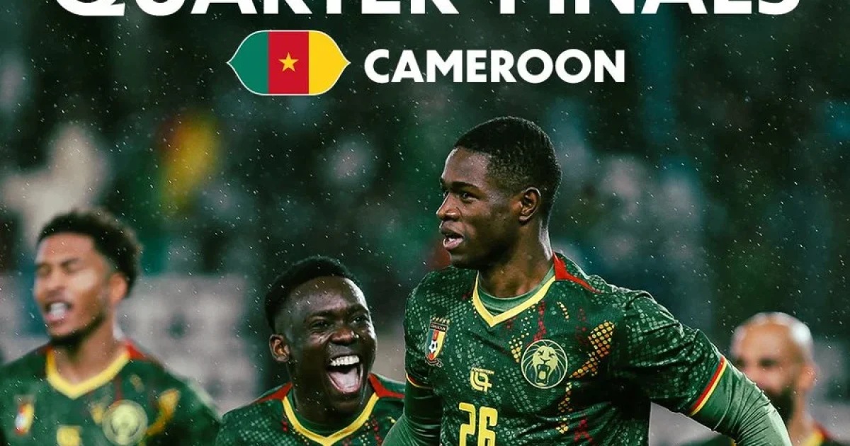 Cameroon players celebrate their 2–1 victory over South Africa to qualify for the AFCON 2025 quarter-finals.